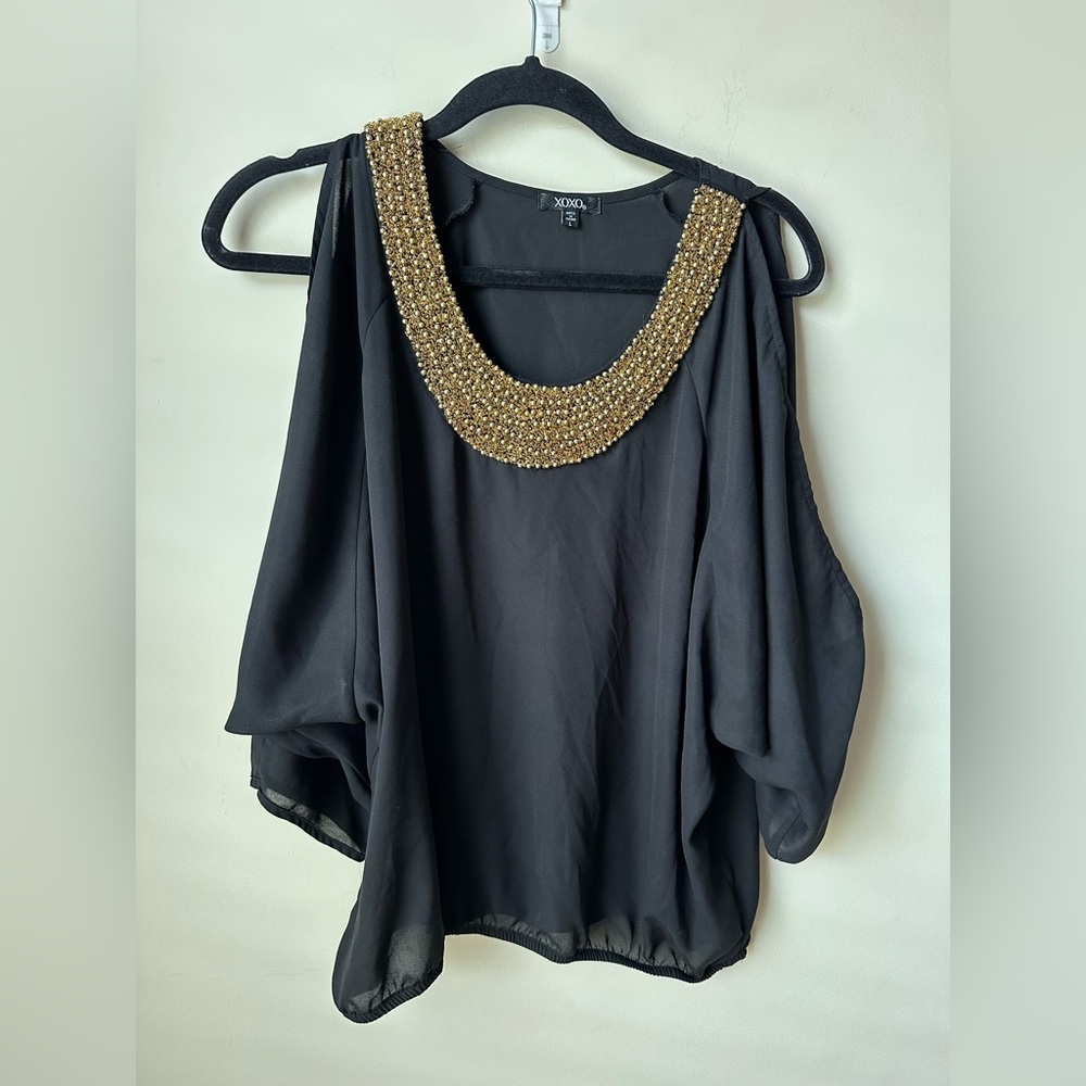XOXO Women’s Black Cold Shoulder Gold Beaded Top Size Large Blouse